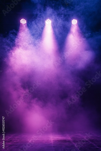 Dramatic purple lighting fills a stage with mist during a theatrical performa...