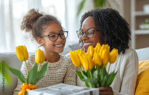 A joyful grandmother and granddaughter celebrate together with flowers and a ...