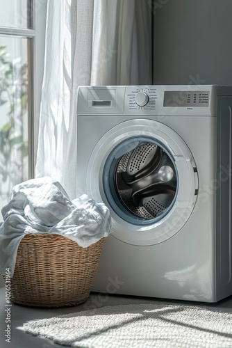 Modern laundry setup with a washing machine and a wicker basket full of towels