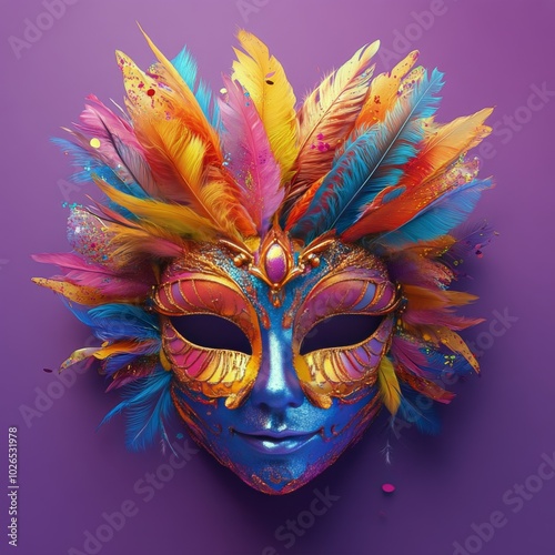 Colorful feathered mask with intricate details against a vibrant purple backg...
