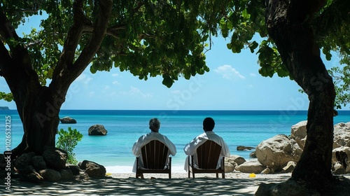 A serene beach scene features two wooden lounge chairs on the white sand, a palm tree, a beach ball, and a clear blue sky with scattered clouds, creating a tranquil and inviting atmosphere