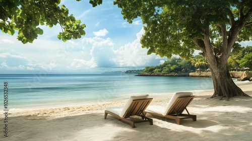 Two lounge chairs sitting beach next tree trapped hedonic treadmill dressed white robes jamaican vibe during table imagining blissful fate gorgeous view cottage shaded perfect
 photo