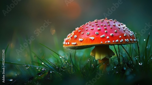 Vibrant Red Mushroom with Dewy Grass Background