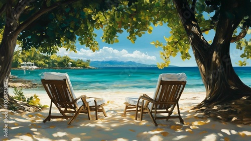 Two lounge chairs sitting beach next tree trapped hedonic treadmill dressed white robes jamaican vibe during table imagining blissful fate gorgeous view cottage shaded perfect
 photo