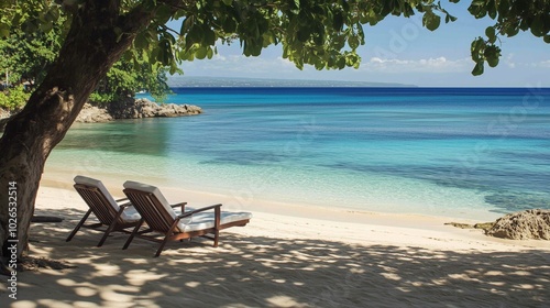 Two lounge chairs sitting beach next tree trapped hedonic treadmill dressed white robes jamaican vibe during table imagining blissful fate gorgeous view cottage shaded perfect
 photo