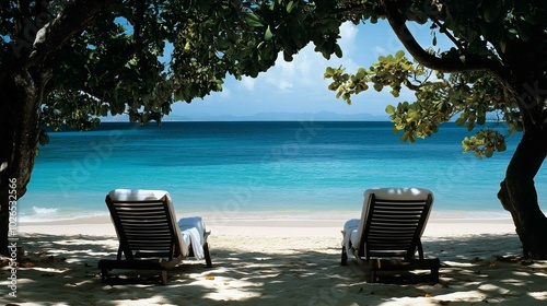 Two lounge chairs sitting beach next tree trapped hedonic treadmill dressed white robes jamaican vibe during table imagining blissful fate gorgeous view cottage shaded perfect
 photo