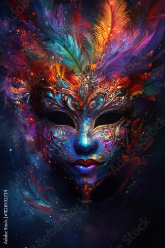 Colorful and intricate mask adorned with feathers for a festive celebration a...