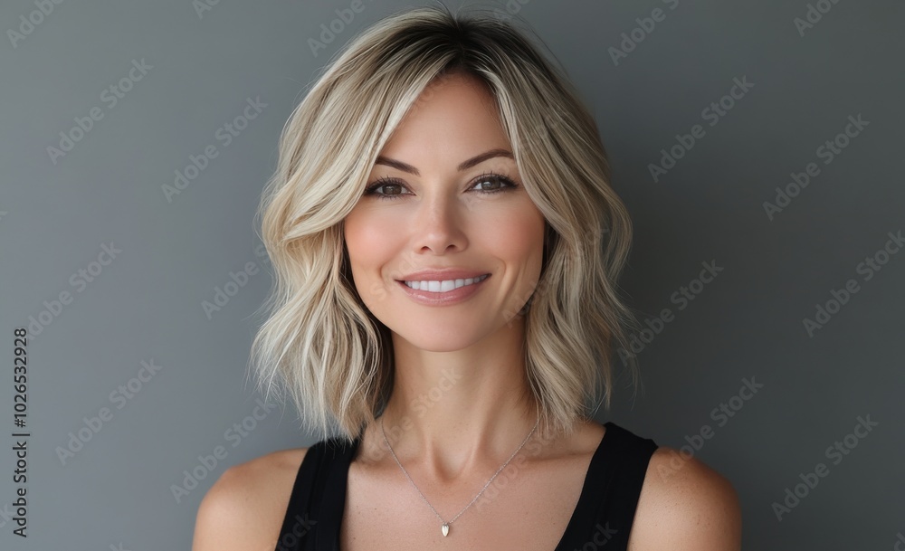 A woman with shoulder length blonde hair smiling softly in a minimalist indoor space during the day A woman with shoulder length blonde hair smiling softly in a minimalist indoor space during the day