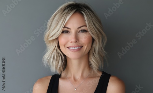 A woman with shoulder length blonde hair smiling softly in a minimalist indoo...
