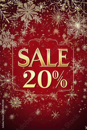 Christmas sale poster template with festive design, showcasing snowflakes, gift boxes, and a 'Sale 20%' tag in bold red and green colors.