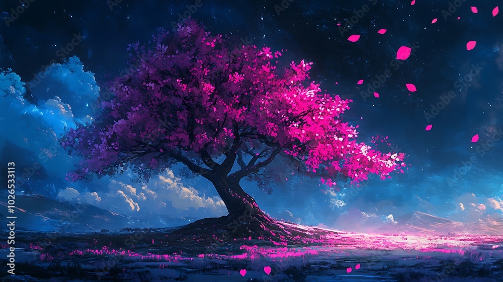 Obraz premium A lone pink cherry blossom tree stands against a dark blue starry night sky, with pink petals falling around it.