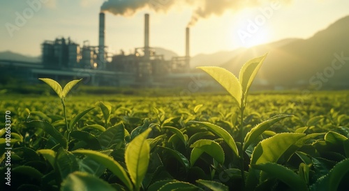 Tea plants flourish in the foreground as a power plant runs under bright sunl...