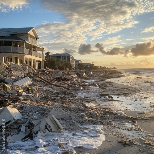 Severely damaged beachfront houses with debris scattered along the shoreline after a powerful storm, illustrating destruction