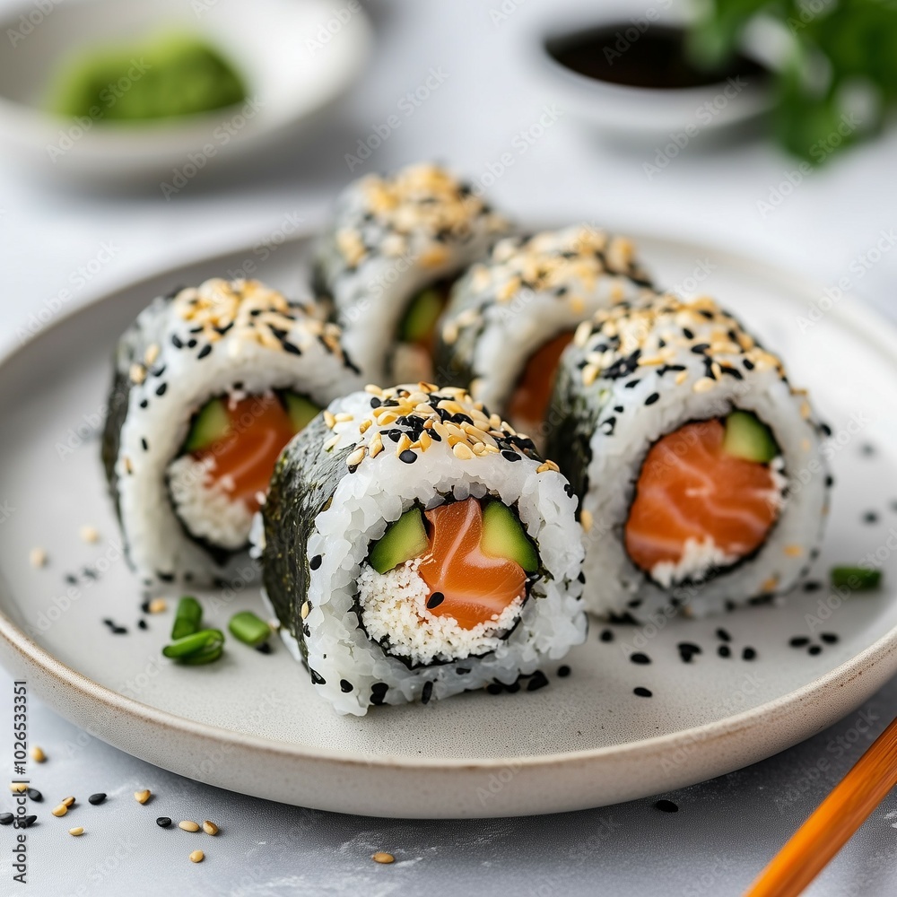 Fresh sushi rolls with salmon, cucumber, rice, and sesame seeds served on a white plate with chopsticks Fresh sushi rolls with salmon, cucumber, rice, and sesame seeds served on a white plate with chopsticks
