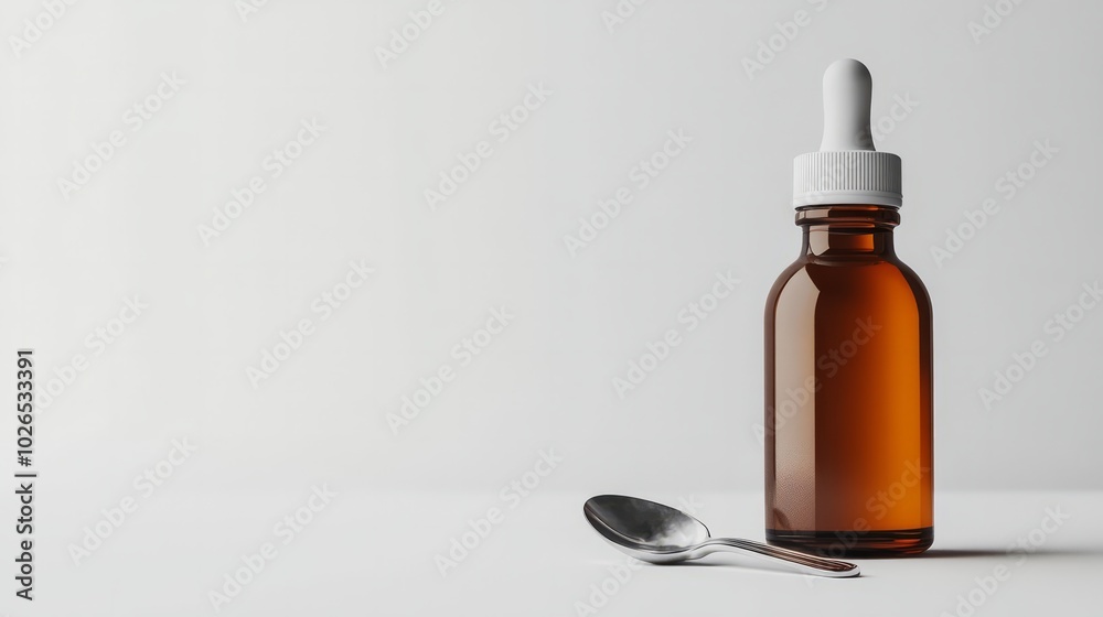 A modern, clean image of a cough syrup bottle with a spoon on the side against a white background. Space for text A modern, clean image of a cough syrup bottle with a spoon on the side against a white background. Space for text