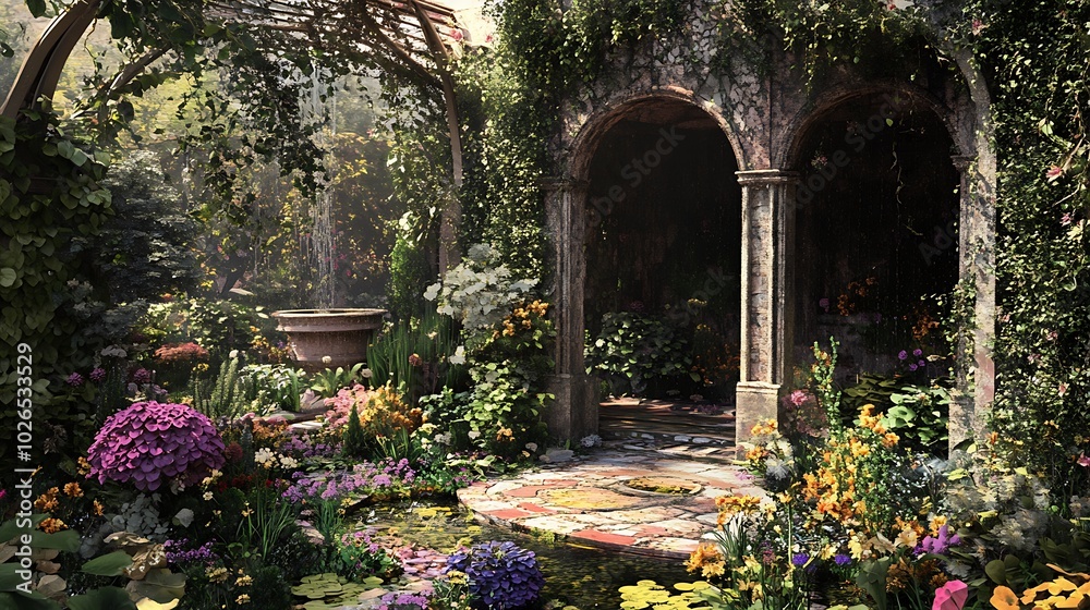 Fototapeta premium A lush, overgrown garden with stone archway and a terracotta pot.