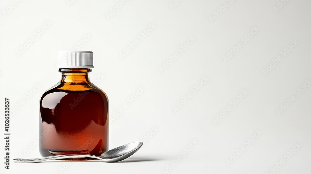 A modern, clean image of a cough syrup bottle with a spoon on the side against a white background. Space for text A modern, clean image of a cough syrup bottle with a spoon on the side against a white background. Space for text
