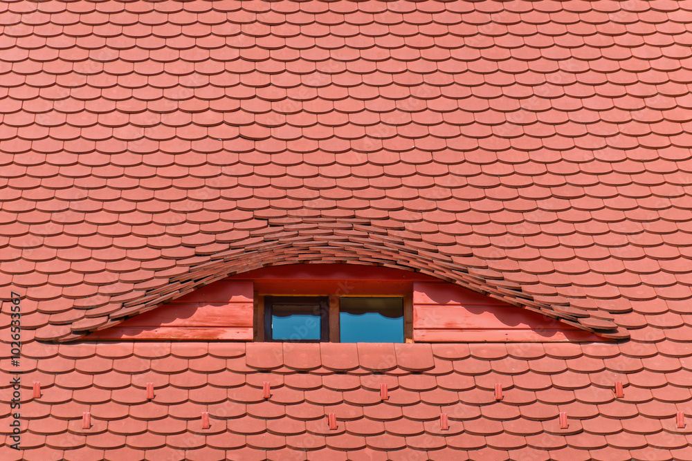 A close-up view of a renovated traditional red clay roof with a curved dormer window in Sibiu, Romania. The window features a rectangular shape and glass panes.
