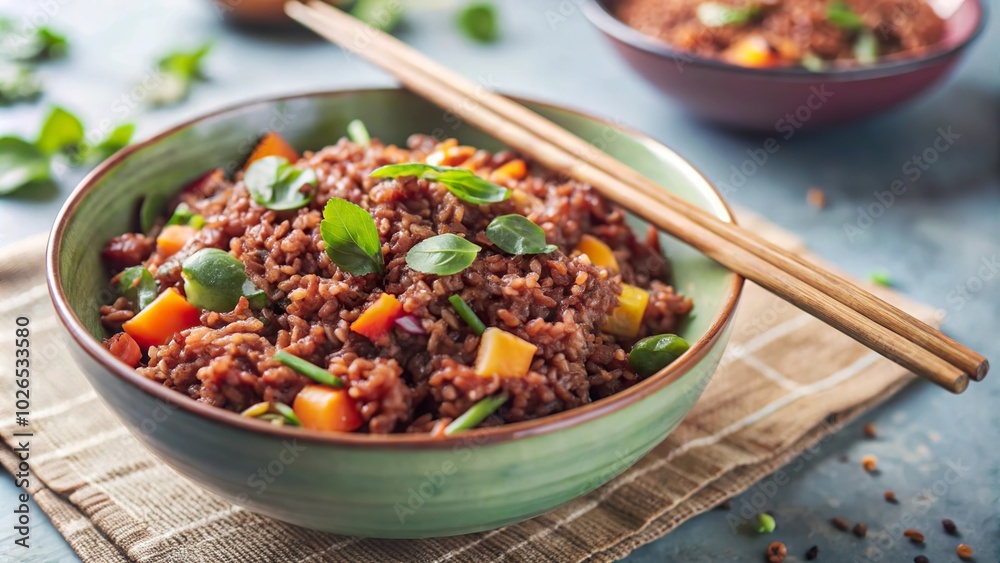 Delicious bowl of fried red rice with vegetables and chopsticks on a woven mat ready for a satisfying meal Delicious bowl of fried red rice with vegetables and chopsticks on a woven mat ready for a satisfying meal