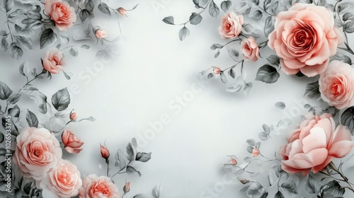 Elegant arrangement of pink roses with delicate leaves in a serene background...