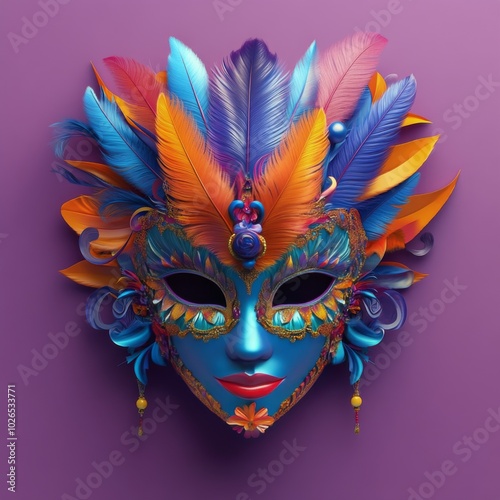 Colorful feathered mask with intricate details against a vibrant purple backg...