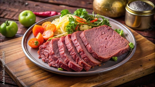 Deliciously sliced corned beef served on a rustic plate with fresh vegetables and apples for a satisfying meal