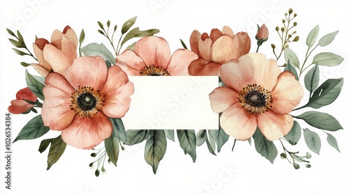 Delicate watercolor floral arrangement featuring peach blooms with green leav...