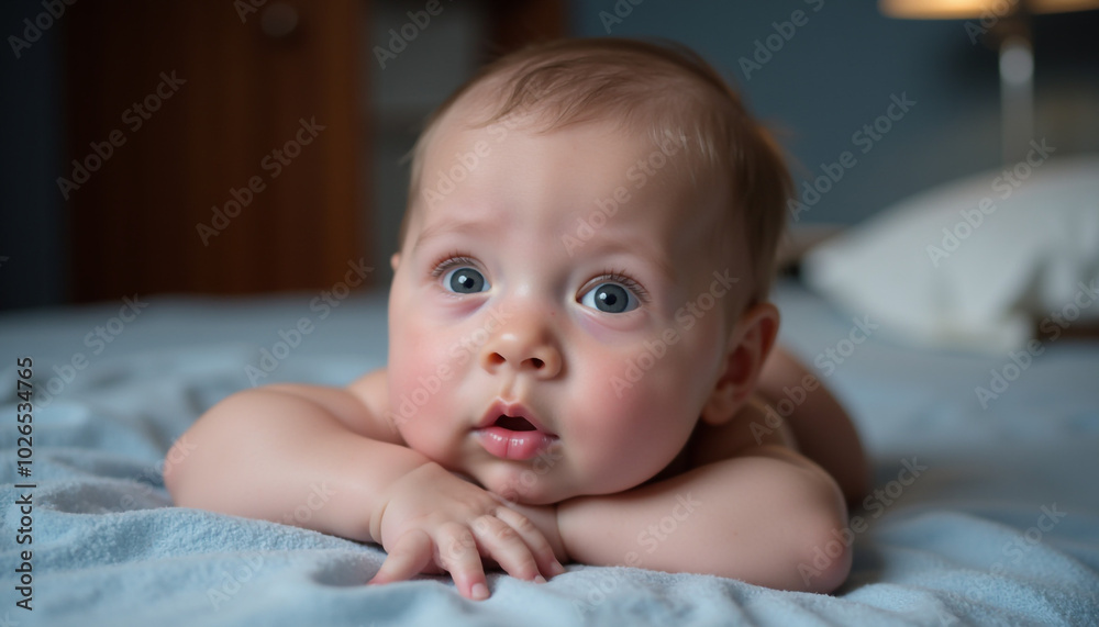 An adorable infant lies on its tummy, looking up with a gentle and attentive expression An adorable infant lies on its tummy, looking up with a gentle and attentive expression
