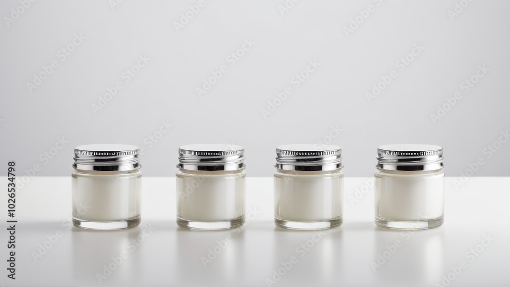 The image showcases small, elegant jars for eye gel on a smooth white surface. With subtle lighting, they embody sophistication, making them ideal for promoting high-quality skincare products. The image showcases small, elegant jars for eye gel on a smooth white surface. With subtle lighting, they embody sophistication, making them ideal for promoting high-quality skincare products.