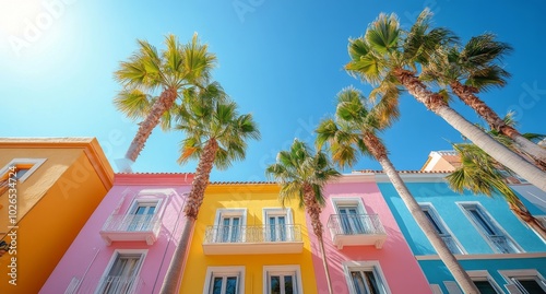 Vibrant buildings in colorful hues surrounded by palm trees on a sunny day