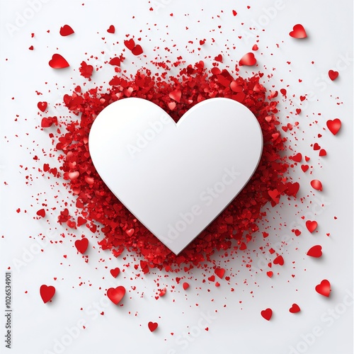 A heart shape surrounded by red confetti hearts on a white background celebra...