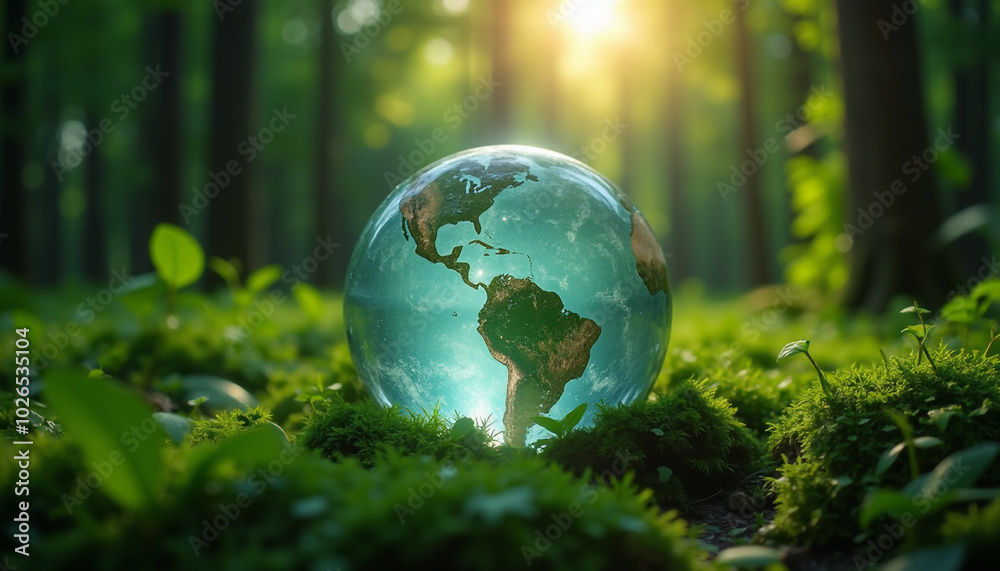 A globe reflecting sunlight placed among moss and leaves in a dense forest A globe reflecting sunlight placed among moss and leaves in a dense forest