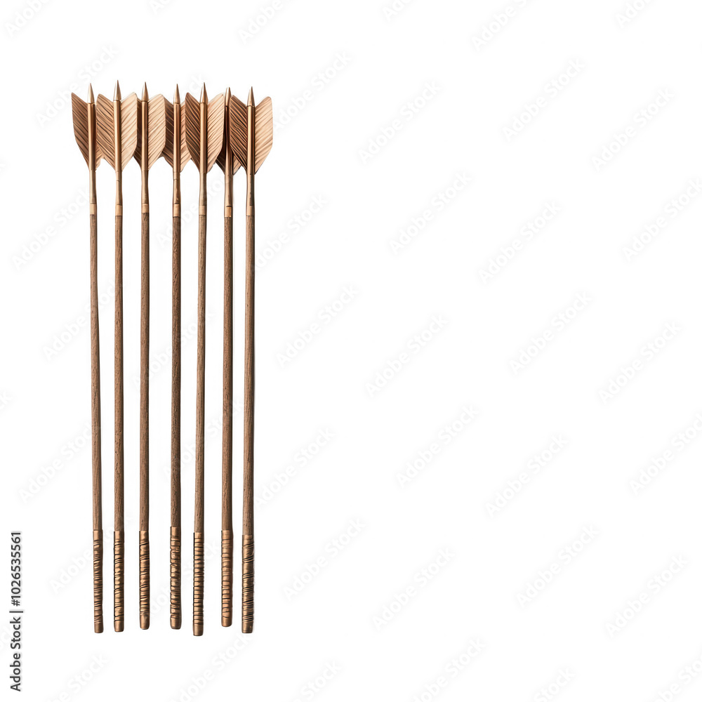 Five wooden darts with flights, isolated on a white background.
