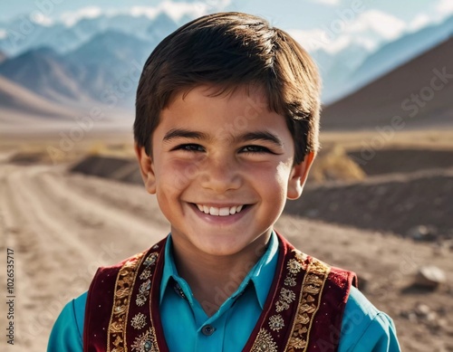 A smiling Tajik boy 5 years old beams with happiness, enjoying the beauty of a sunny day outdoors. His cheerful expression reflects moment of pure joy and innocence. Happy smiling child. AI generated photo