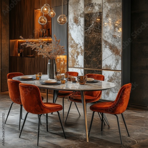 Elegant dining table setup in a modern interior with comfortable velvet chair...