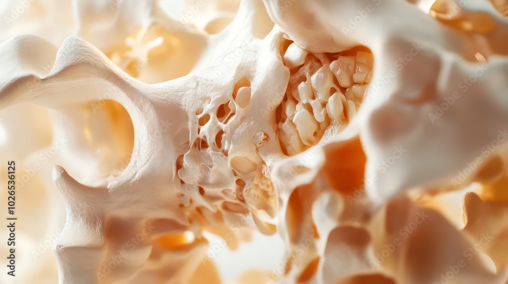 Close-up of a porous bone structure, showing its intricate network of cavities and ridges. Close-up of a porous bone structure, showing its intricate network of cavities and ridges.