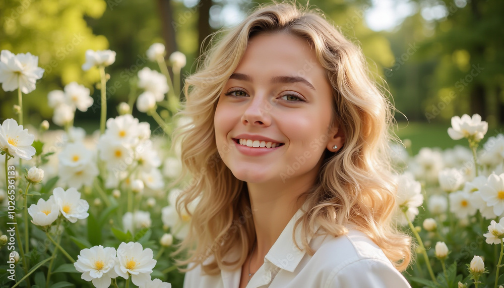 Cheerful young woman enjoys a sunny day in a field of blooming white flowers Cheerful young woman enjoys a sunny day in a field of blooming white flowers