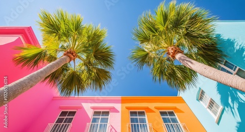 Colorful tropical buildings and palm trees under a clear blue sky in a sunny ...