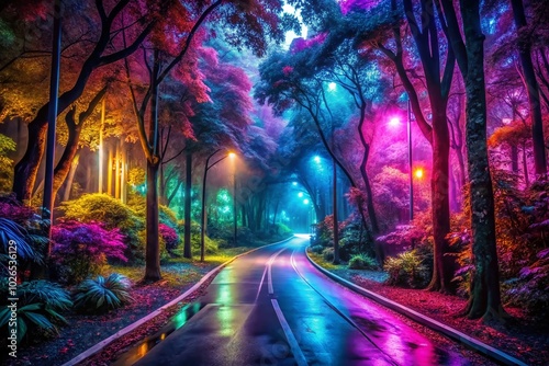 A vibrant urban night scene, illuminated by neon lights, showcases an enchanting forest road, perfect for wallpaper enthusiasts who appreciate vivid