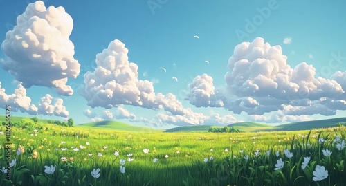 Vibrant meadow filled with blooming flowers under a clear blue sky on a sunny day