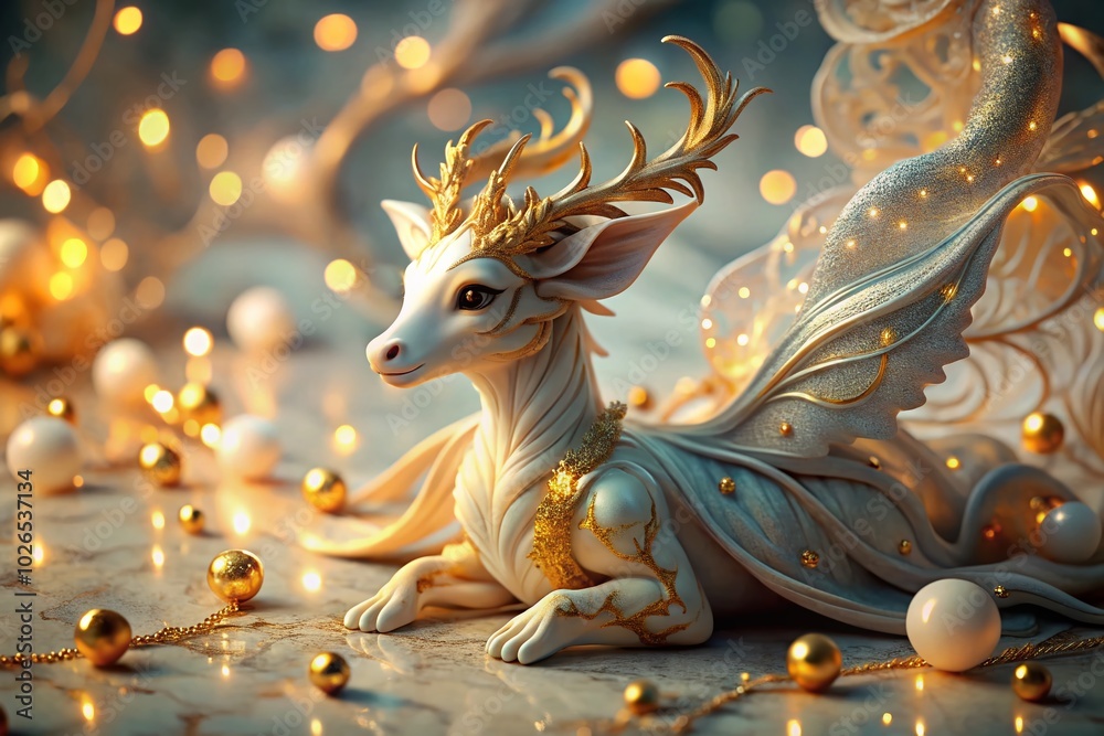A whimsical creature adorned in gold and marble patterns, bathed in enchanting pastel hues, captured beautifully with low light photography for a A whimsical creature adorned in gold and marble patterns, bathed in enchanting pastel hues, captured beautifully with low light photography for a