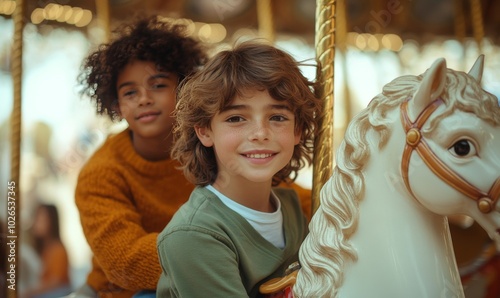 Two young boys enjoying a playful moment on a carousel during a sunny day at ...