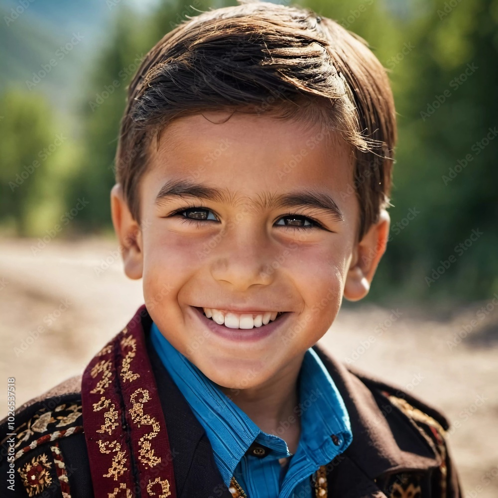 A smiling Tajik boy 5 years old beams with happiness, enjoying the beauty of a sunny day outdoors. His cheerful expression reflects moment of pure joy and innocence. Happy smiling child. AI generated A smiling Tajik boy 5 years old beams with happiness, enjoying the beauty of a sunny day outdoors. His cheerful expression reflects moment of pure joy and innocence. Happy smiling child. AI generated