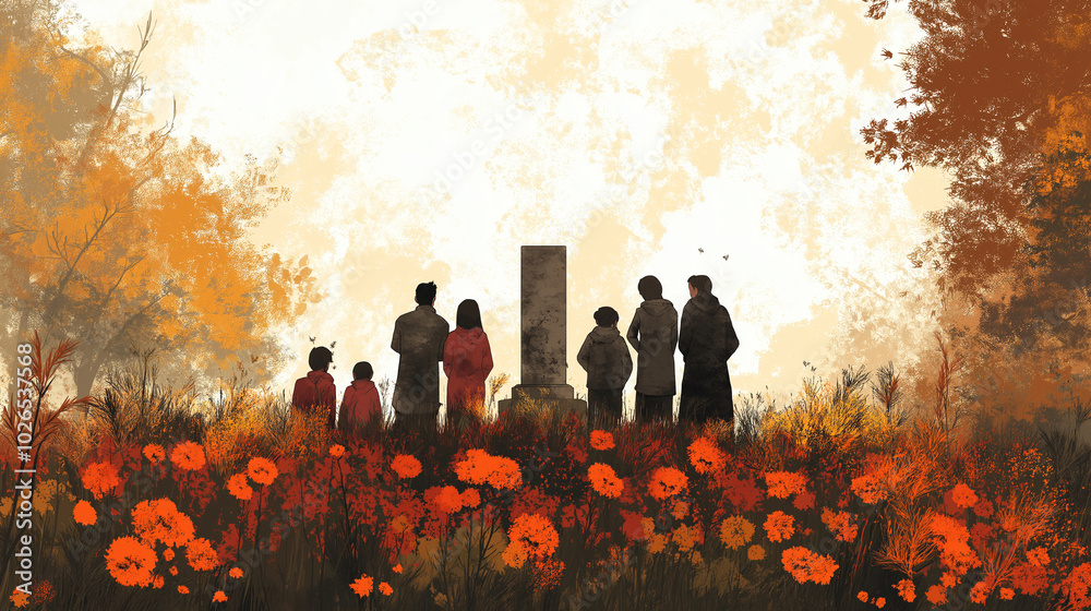 A peaceful scene of a family gathered around a memorial, paying respects, Defenders Day, illustration A peaceful scene of a family gathered around a memorial, paying respects, Defenders Day, illustration
