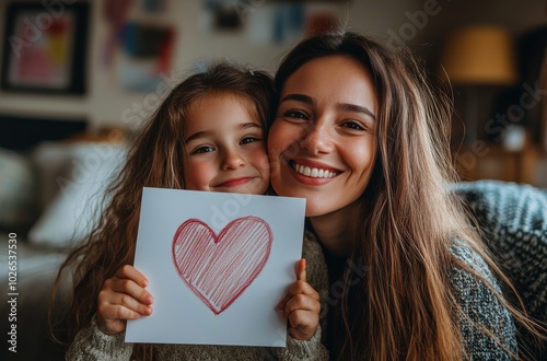 Mother and daughter share a joyful moment while holding a heartfelt drawing i...