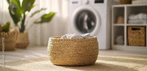 Cozy indoor laundry room with a woven basket and fresh greenery in a bright s...