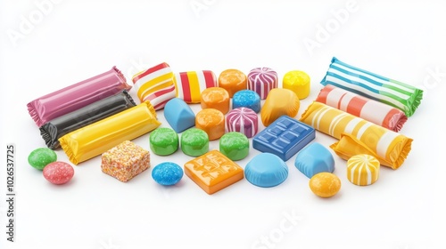 Colorful assortment of candies featuring various shapes and textures, perfect for sweet treat photography or dessert designs.