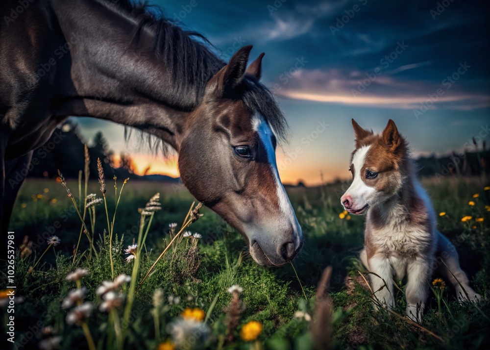 Naklejka premium Baby Horse and Dog Friendship in Pasture - Adorable Animal Companions
