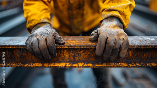 Industrial worker's gloved hands on rusty metal beam, construction site