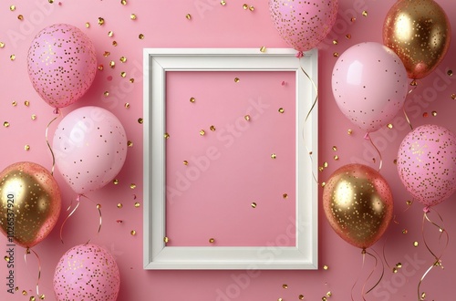 Colorful pink and gold balloons surround a blank white frame, set against a v...
